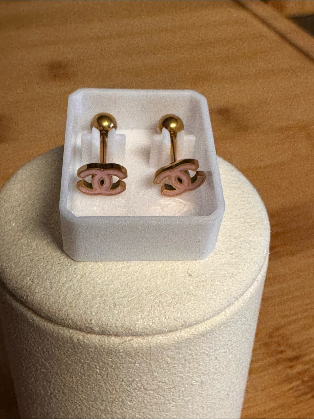 Gold and Pink Interlocking Logo Stud Earrings